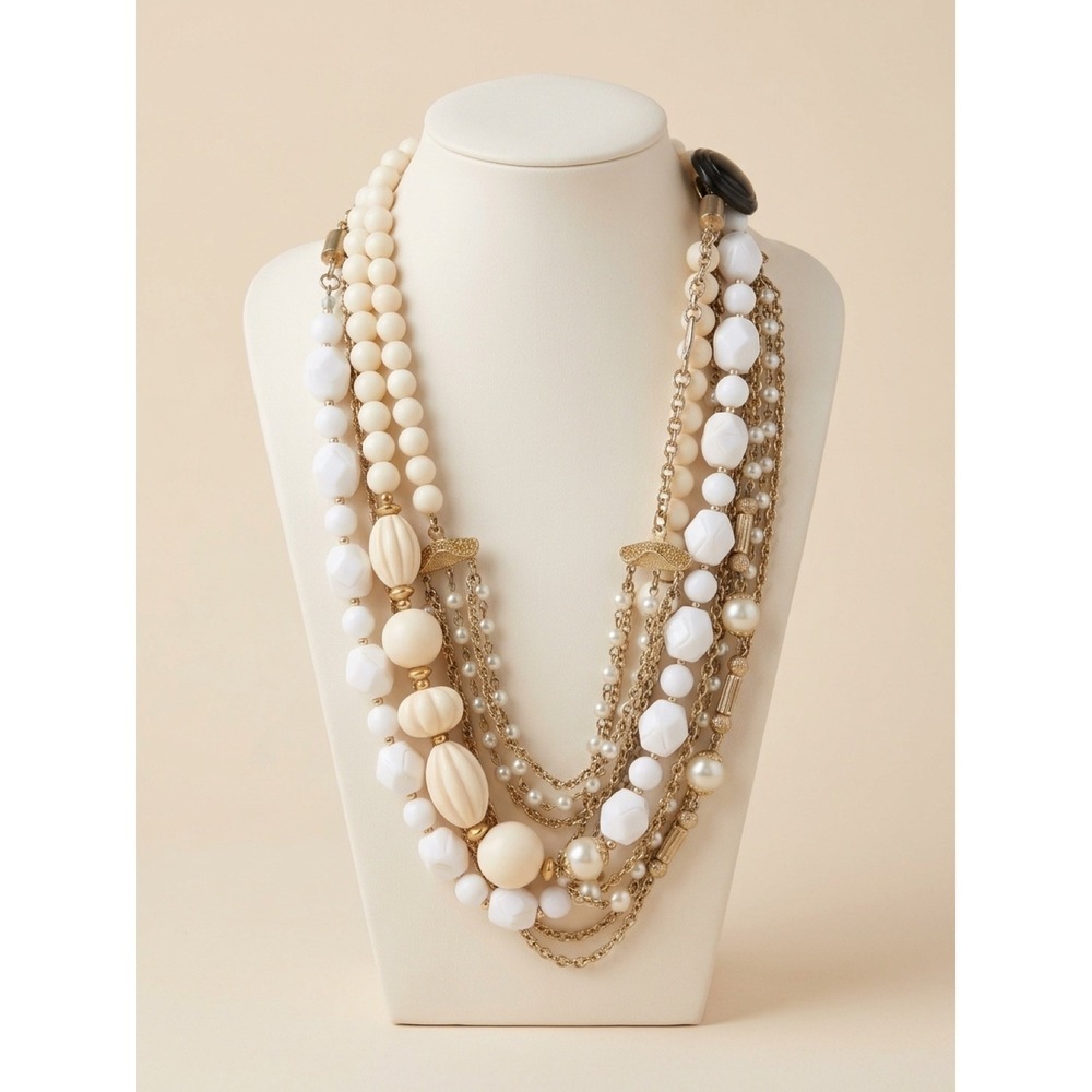 Vintage Multi Strand Old Money Bead Pearl Necklace Gold Tone Boho Statement